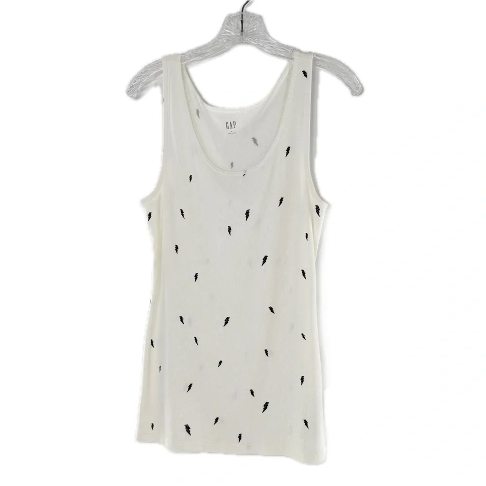 GAP White Rib-Knit Boyfriend Tank Top with Black Lightning Bolt Pattern Size XL
